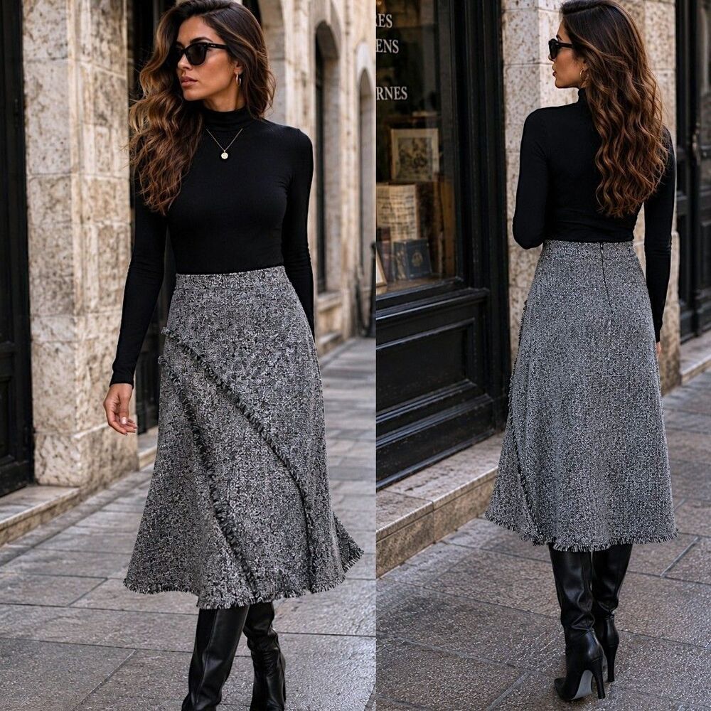 Vtg Spiegel 6 Grey Black Tweed Raw Hem A Line Midi Skirt Career Quiet Luxury